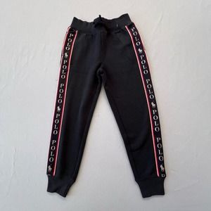 Polo Ralph Lauren Girl Joggers Sweatpants Sz SMALL 7 Logo Stripes Black Gold NEW
